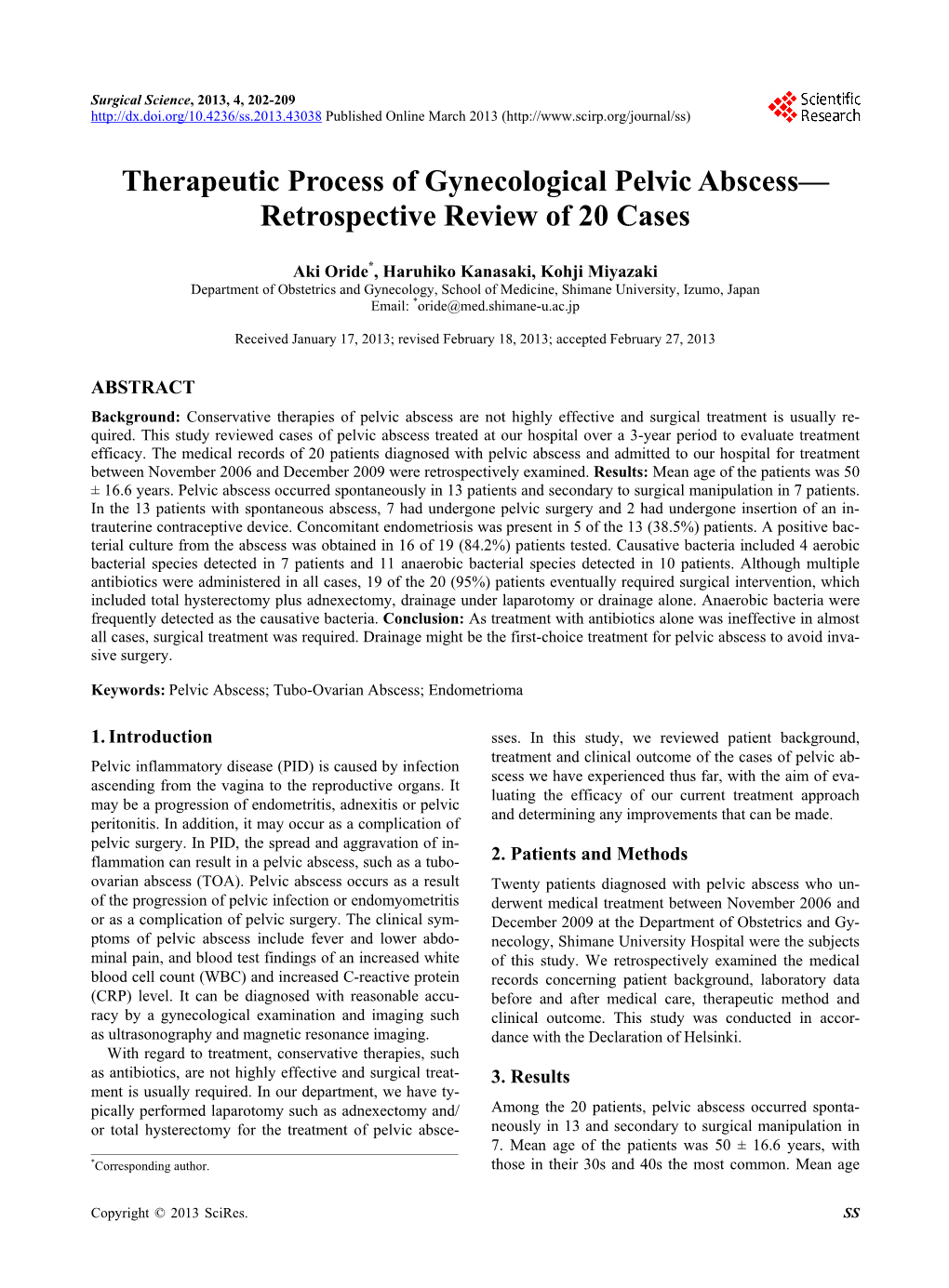 Therapeutic Process of Gynecological Pelvic Abscess— Retrospective Review of 20 Cases