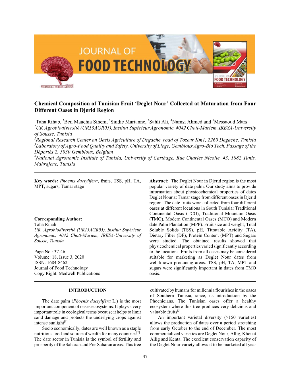 Chemical Composition of Tunisian Fruit 'Deglet Nour' Collected at Maturation from Four Different Oases in Djerid Region