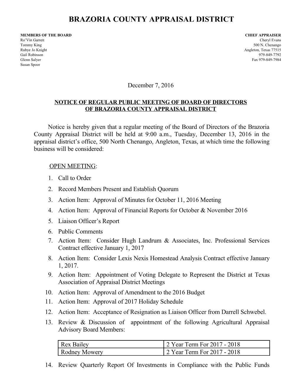 Notice of Regular Public Meeting of Board of Directors