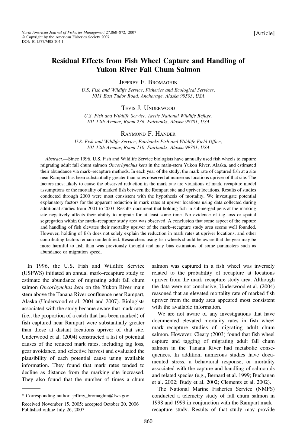 Residual Effects from Fish Wheel Capture and Handling of Yukon River Fall Chum Salmon