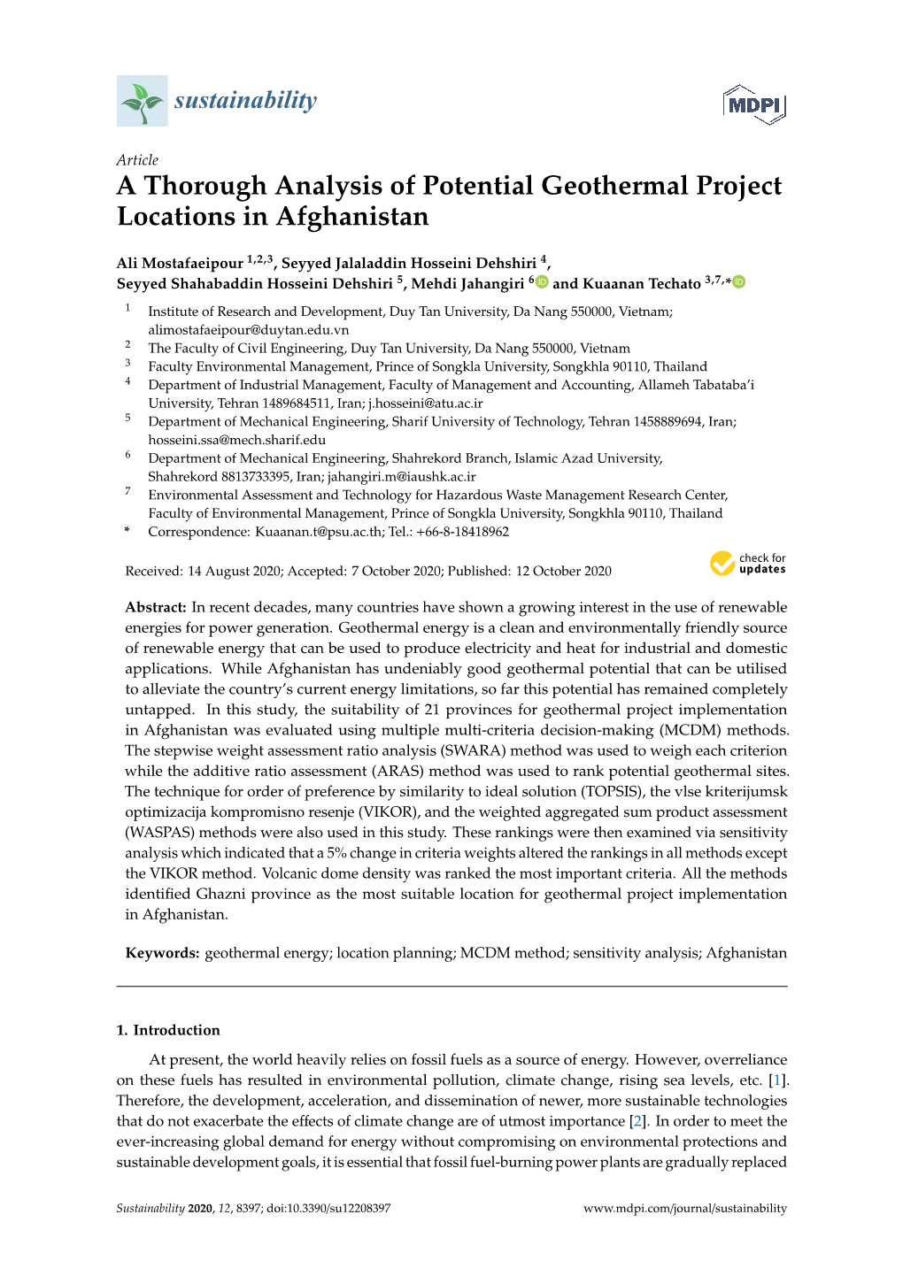 A Thorough Analysis of Potential Geothermal Project Locations in Afghanistan