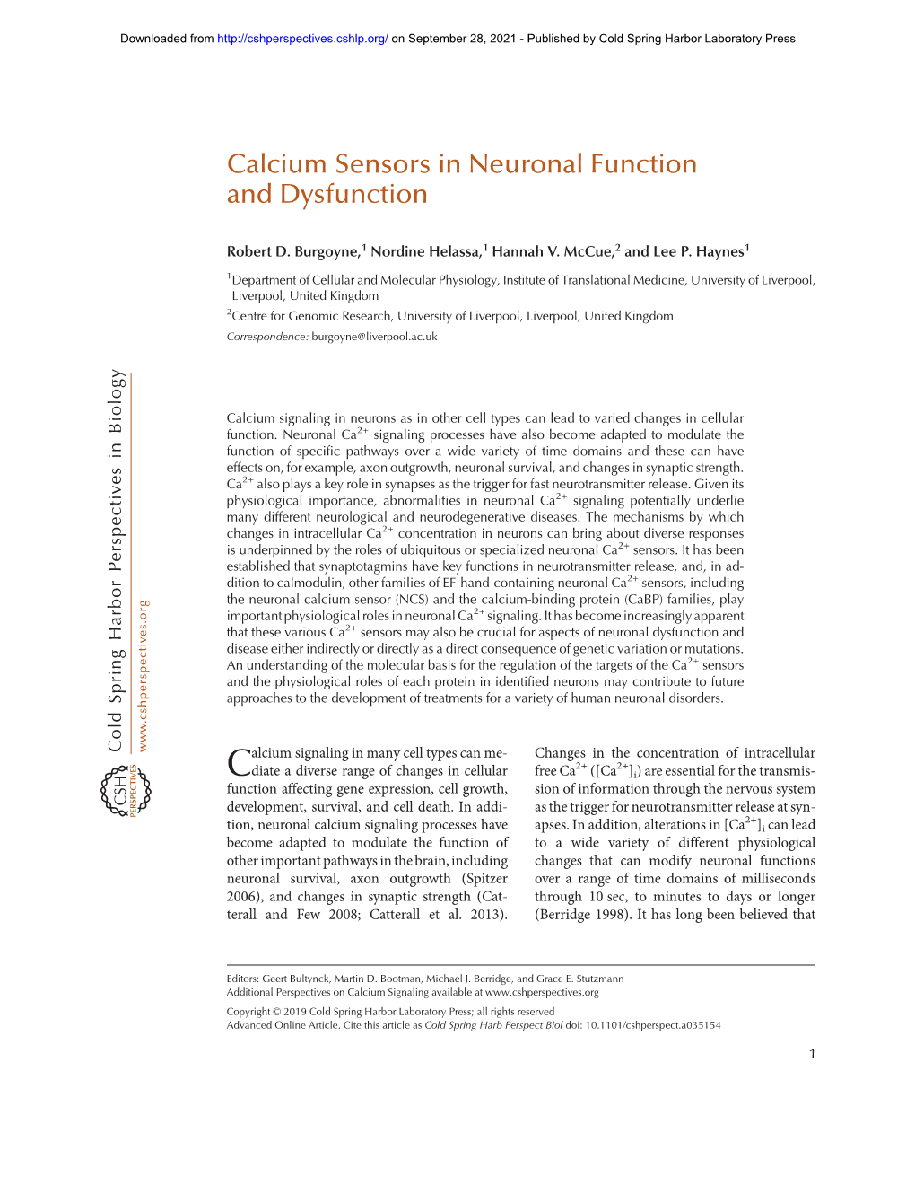 Calcium Sensors in Neuronal Function and Dysfunction