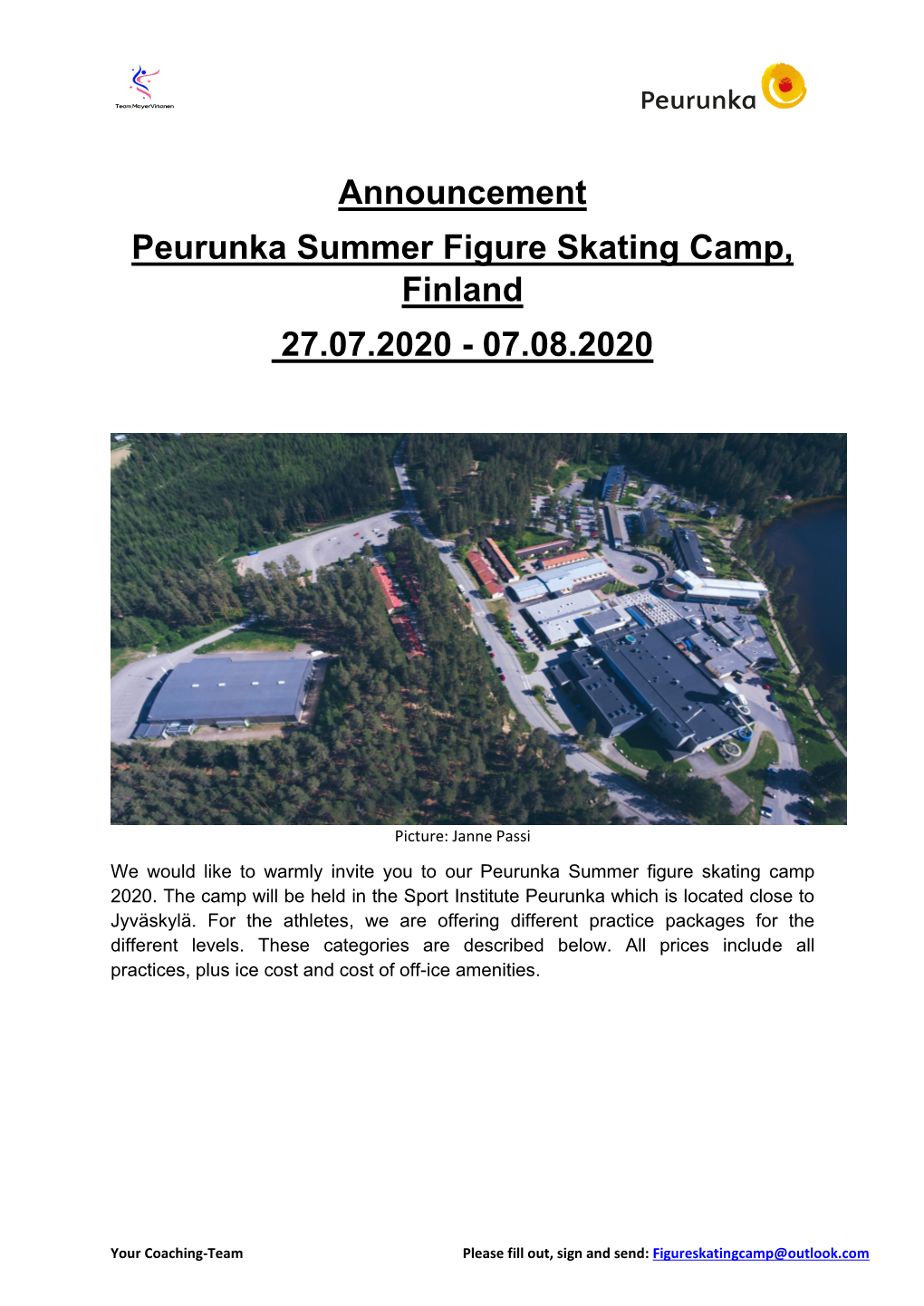 Announcement Peurunka Summer Figure Skating Camp, Finland 27.07.2020 - 07.08.2020