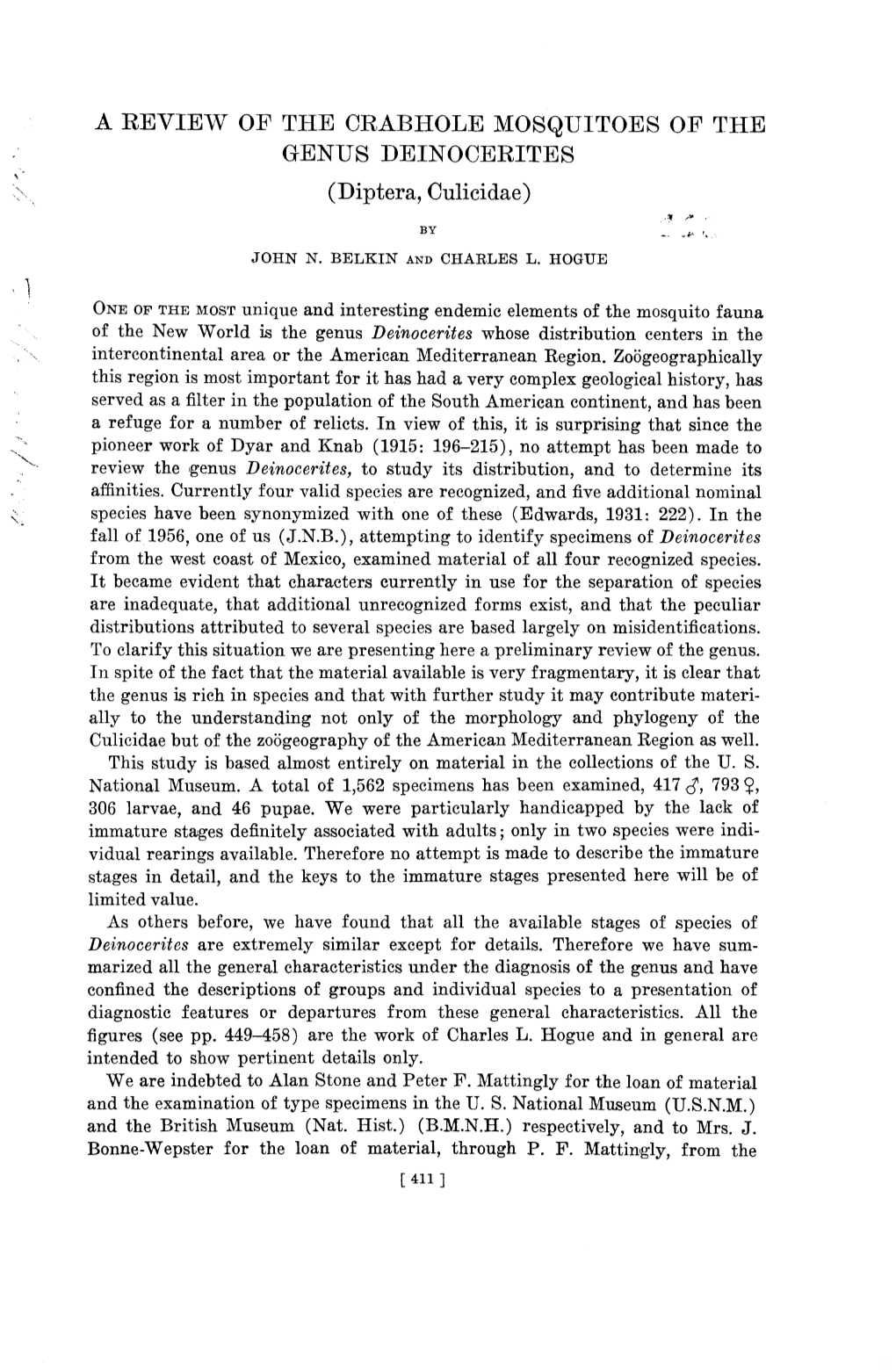 A REVIEW of the CRABHOLE MOSQUITOES of the GENUS DEINOCERITES R,” ,‘ (Diptera, Culicidae) R ,* by