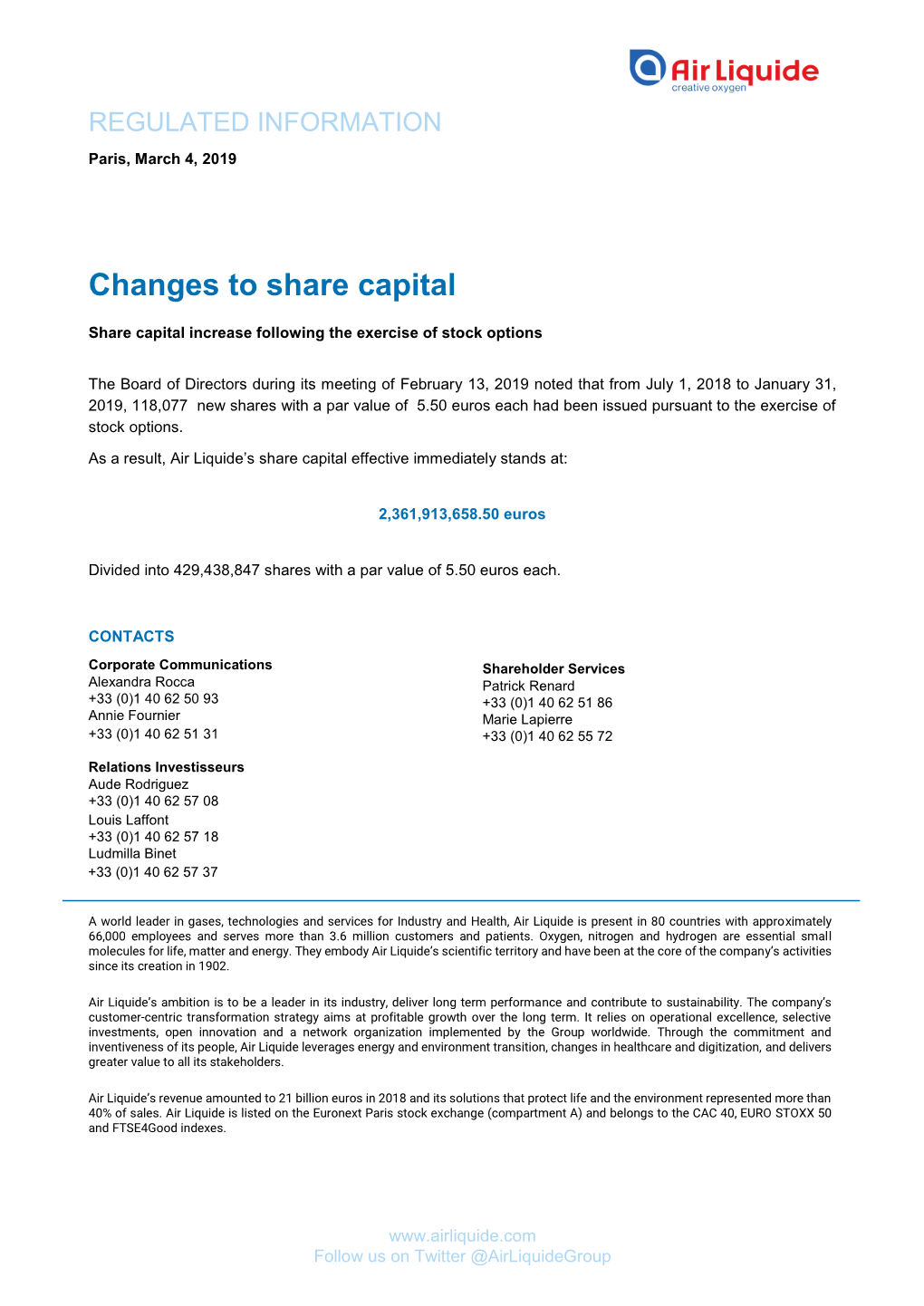 Changes to Share Capital