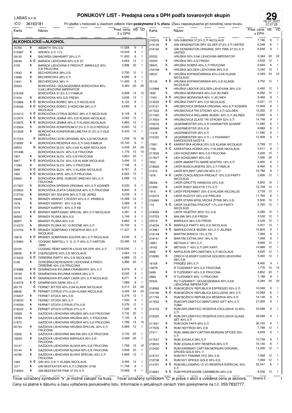 PONUKOVÝ LIST - Predajná Cena S DPH Pod Ľa Tovarových Skupín LABAŠ S.R.O