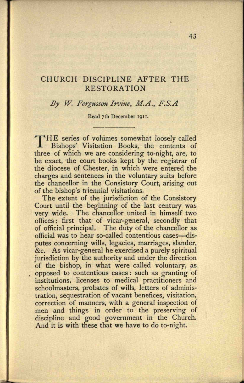 CHURCH DISCIPLINE AFTER the RESTORATION by W