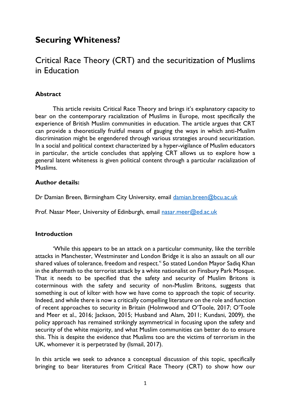 Critical Race Theory (CRT) and the Securitization of Muslims in Education
