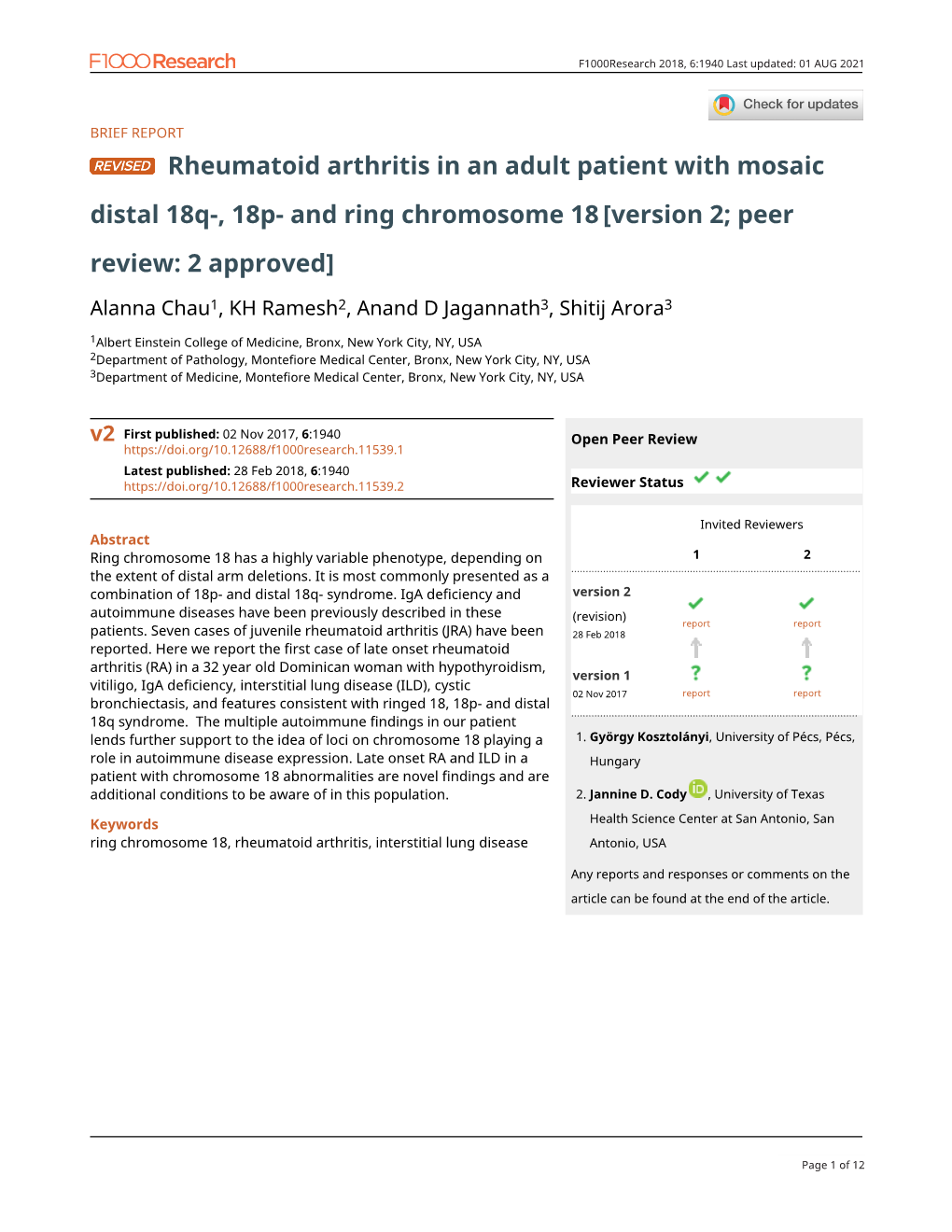 Rheumatoid Arthritis in an Adult Patient with Mosaic Distal 18Q-, 18P- and Ring Chromosome 18 [Version 2; Peer Review: 2 Approved]