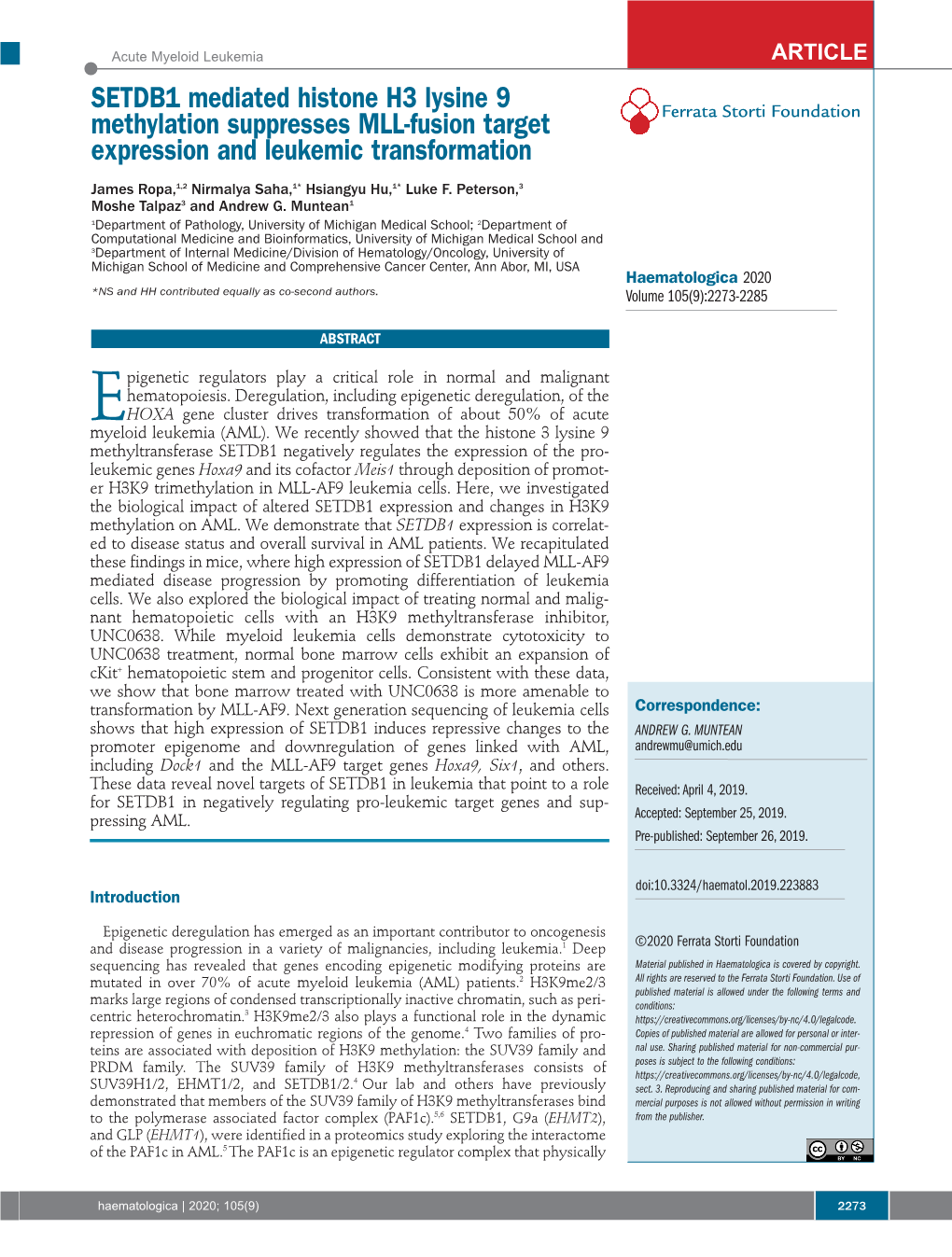 SETDB1 Mediated Histone H3 Lysine 9 Methylation Suppresses MLL-Fusion Target Ferrata Storti Foundation Expression and Leukemic Transformation