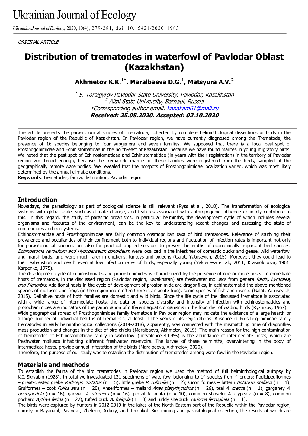 Distribution of Trematodes in Waterfowl of Pavlodar Oblast (Kazakhstan)