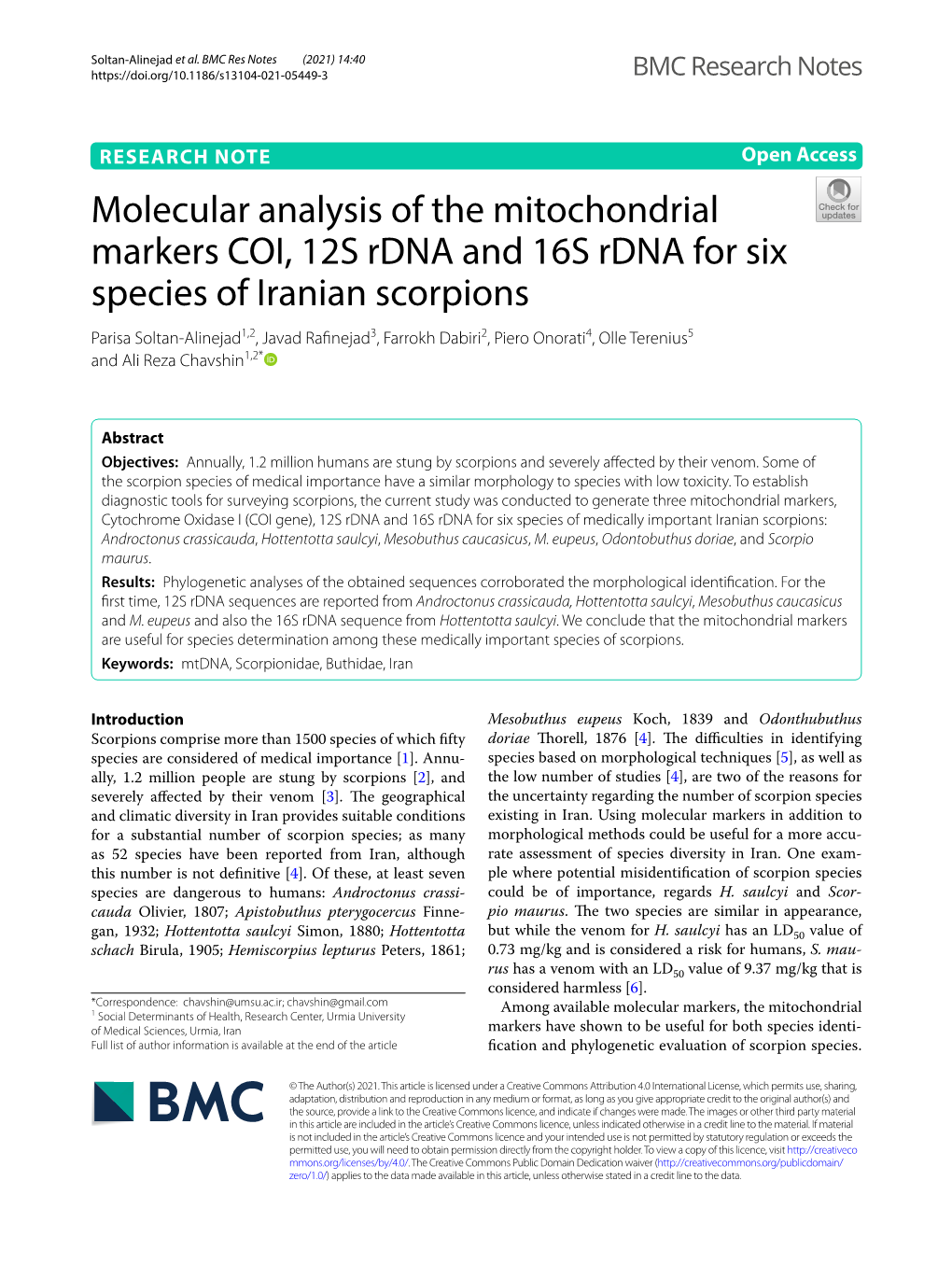 Molecular Analysis of the Mitochondrial Markers COI, 12S Rdna and 16S Rdna for Six Species of Iranian Scorpions