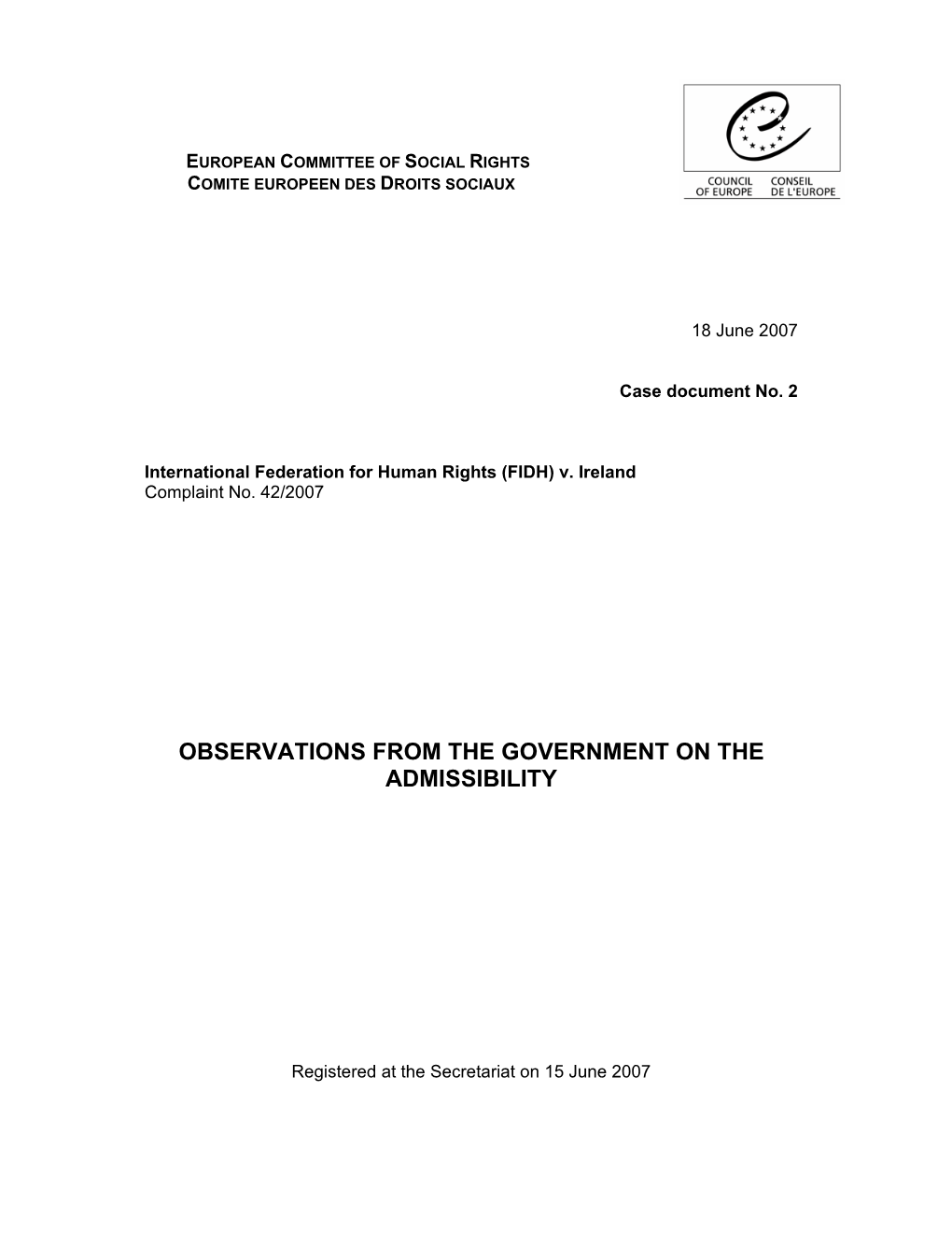 Observations from the Government on the Admissibility