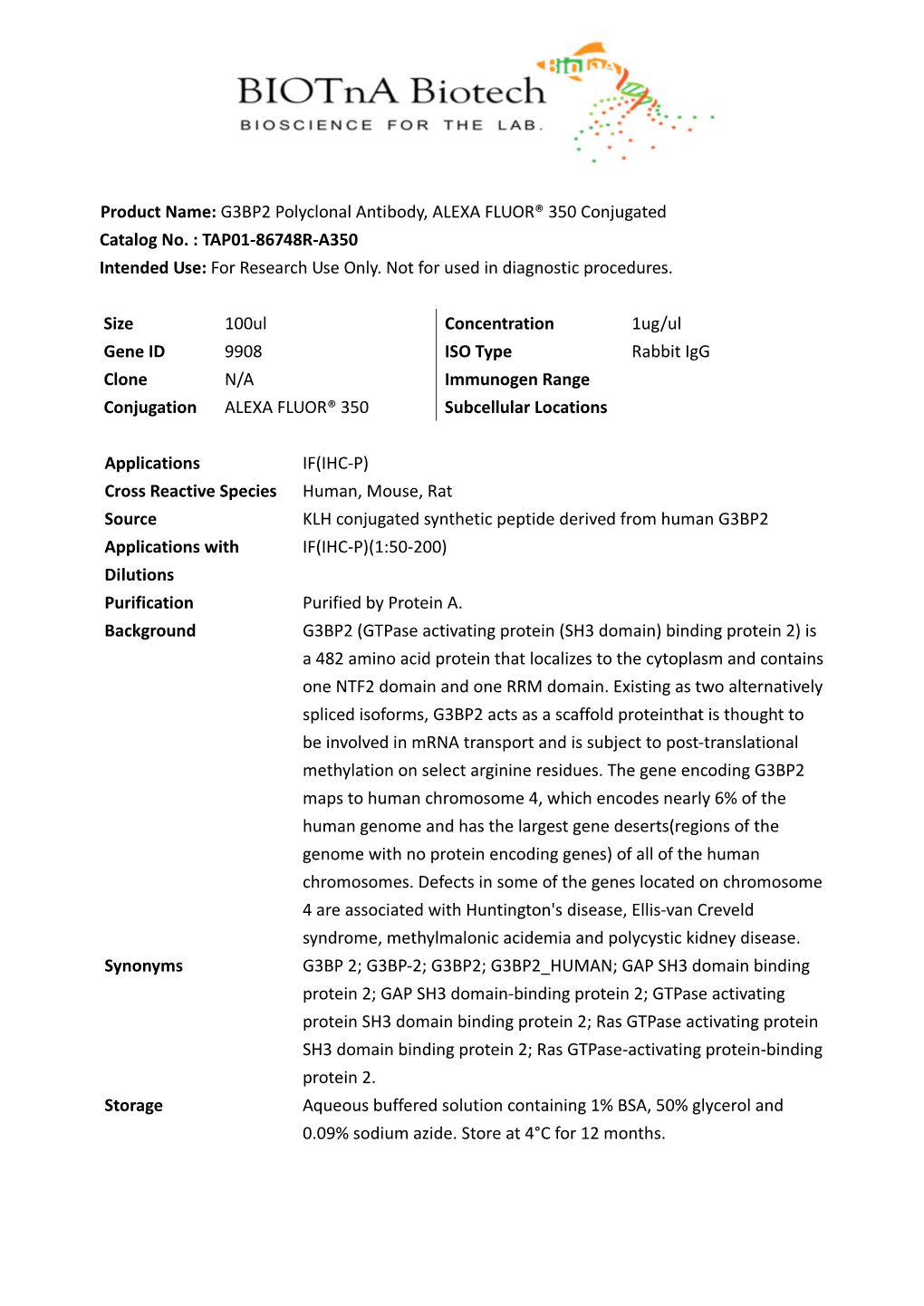 Product Name: G3BP2 Polyclonal Antibody, ALEXA FLUOR® 350 Conjugated Catalog No