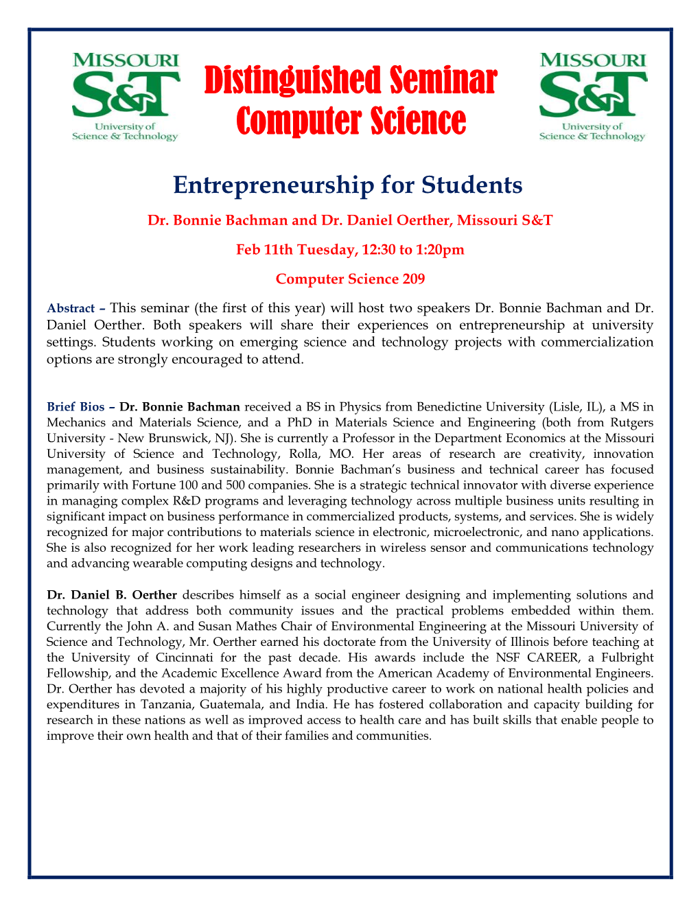 Distinguished Seminar Computer Science