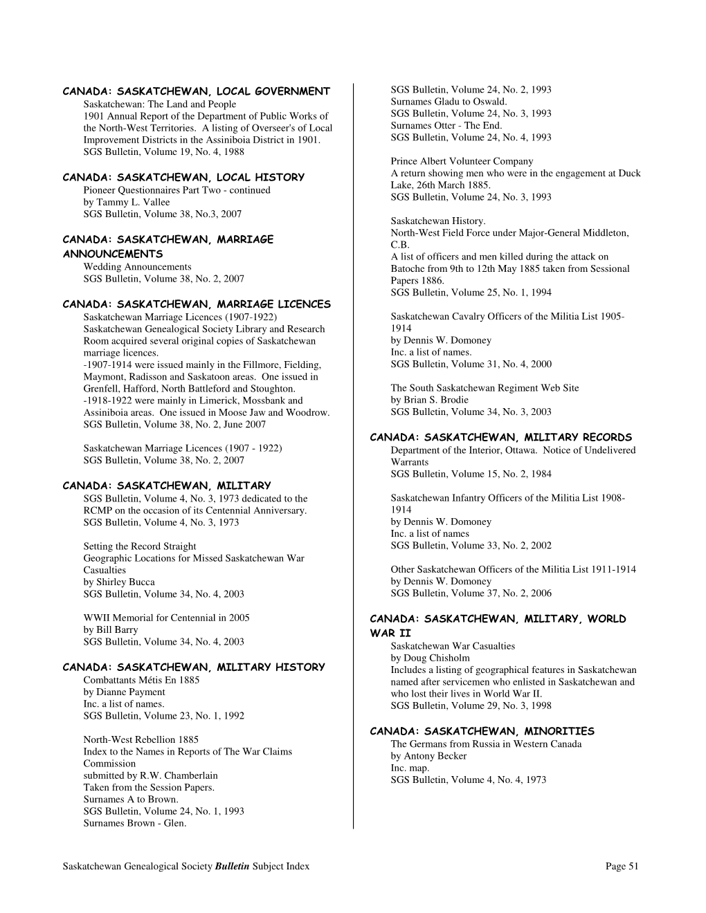 Saskatchewan Genealogical Society Bulletin Subject Index Page 51 CANADA: SASKATCHEWAN, LOCAL GOVERNMENT Saskatchewan: the Land