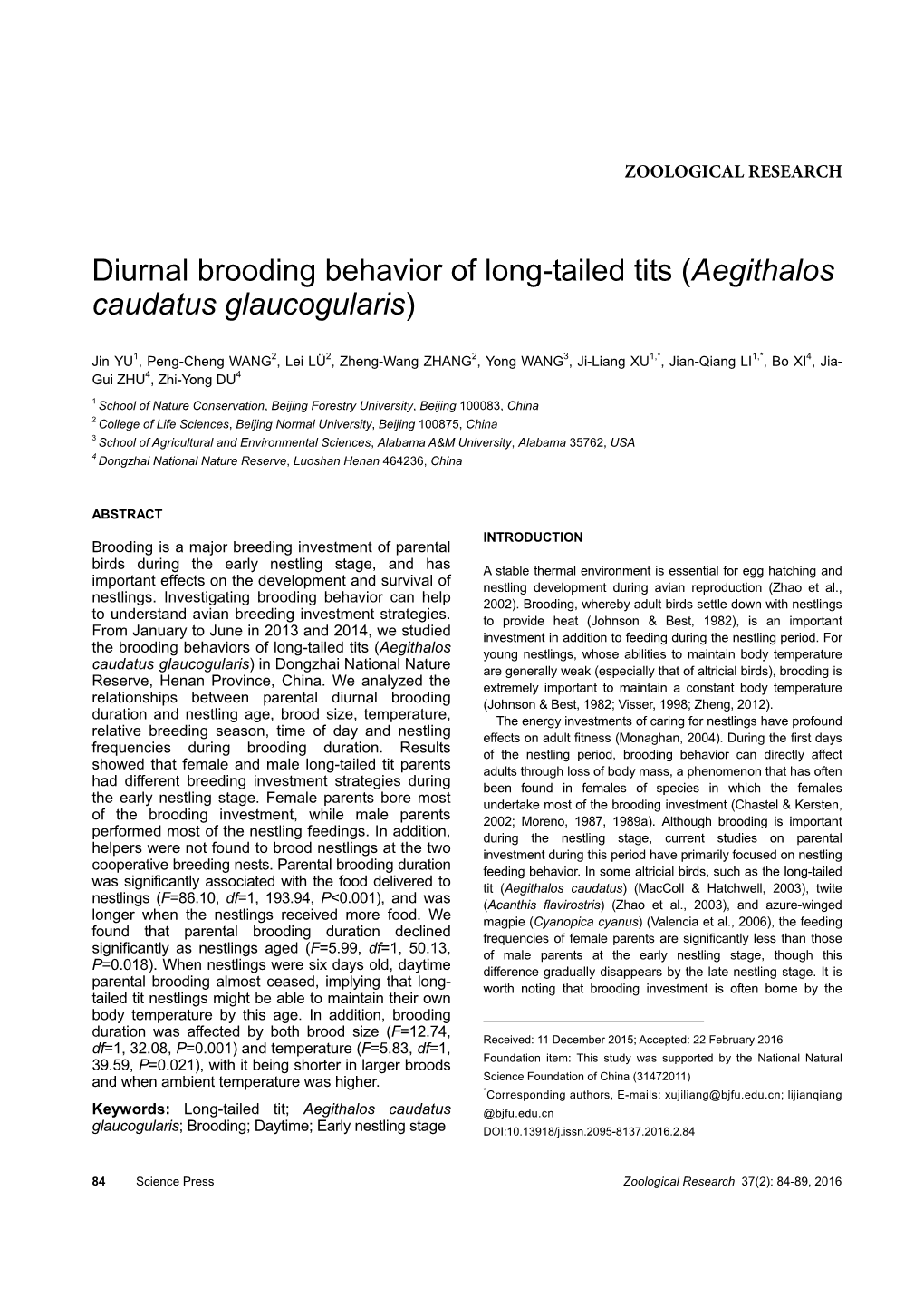 Diurnal Brooding Behavior of Long-Tailed Tits (Aegithalos Caudatus Glaucogularis)