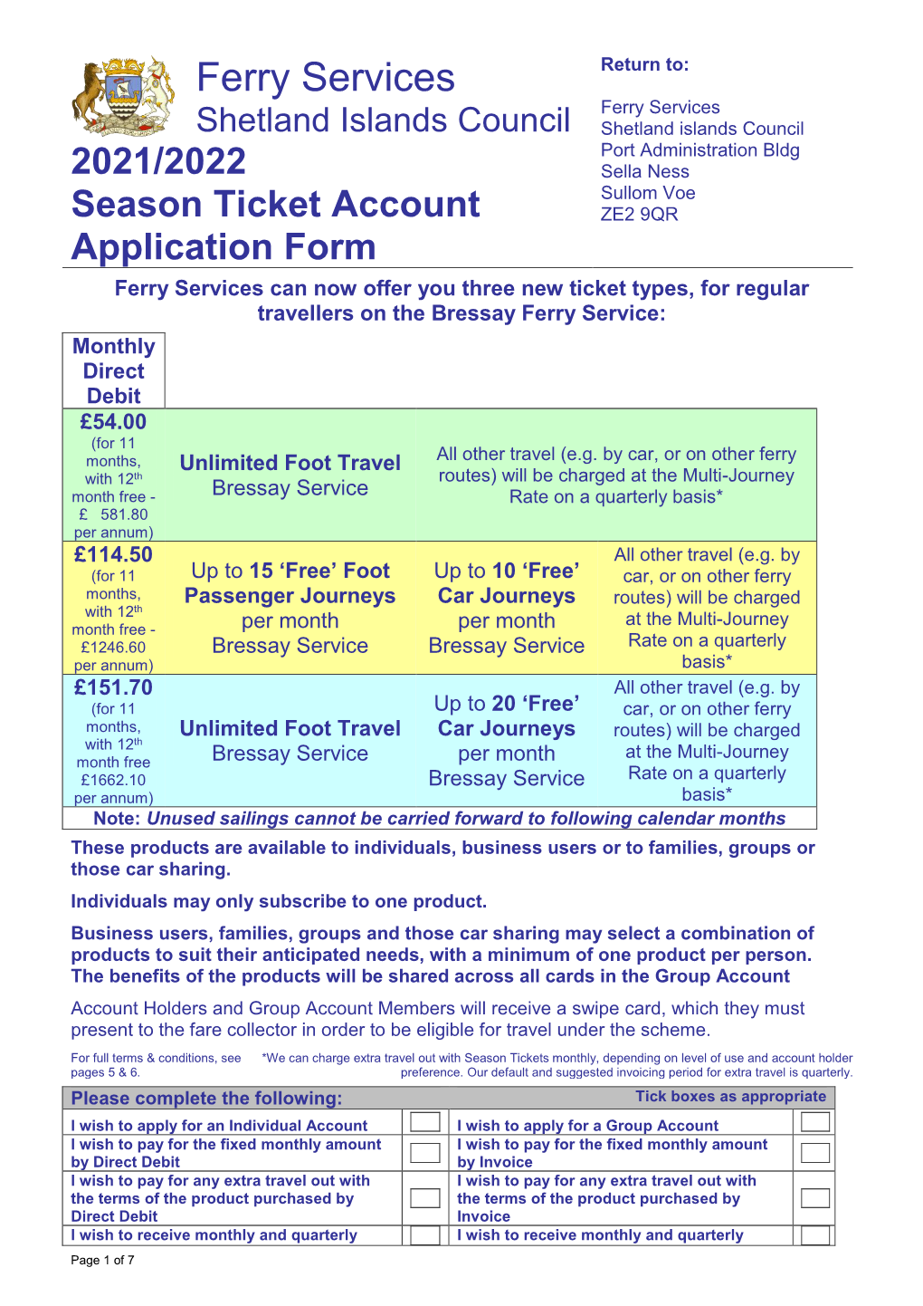 Bressay Season Ticket Application Form