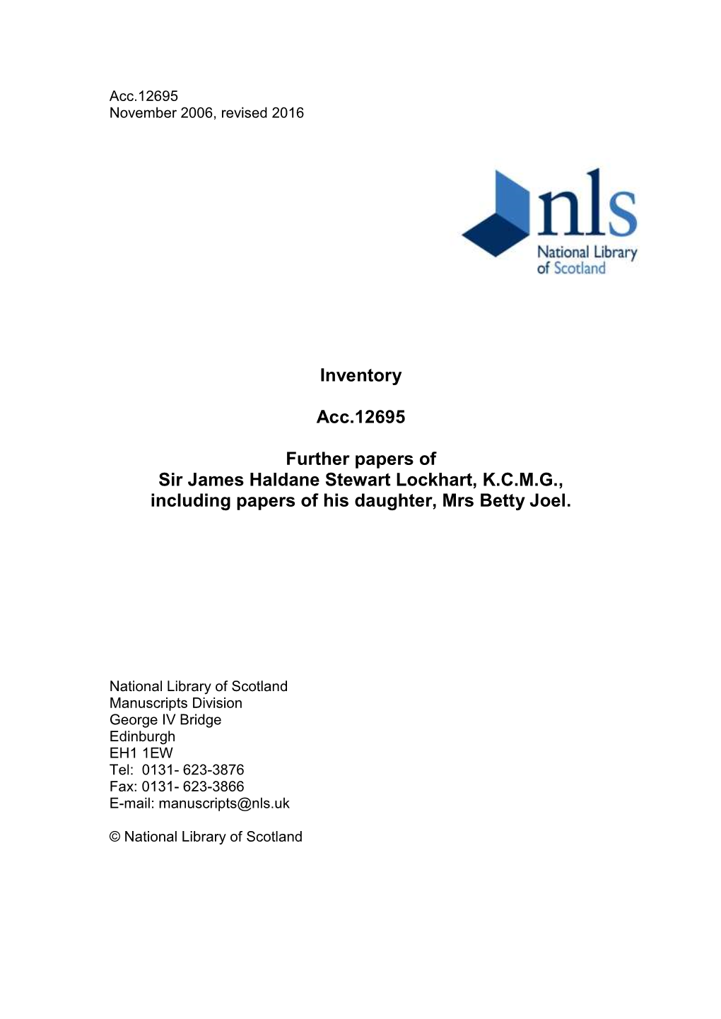 Inventory Acc.12695 Further Papers of Sir James Haldane Stewart