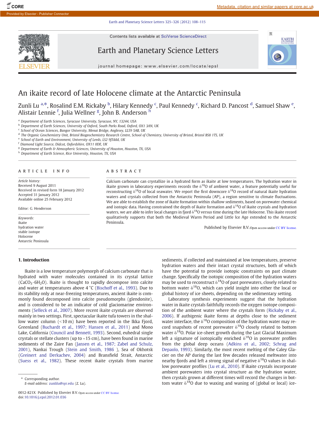 An Ikaite Record of Late Holocene Climate at the Antarctic Peninsula