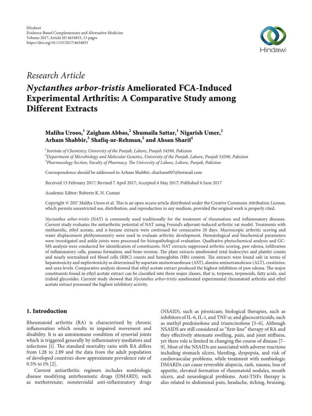 Research Article Nyctanthes Arbor-Tristis Ameliorated FCA-Induced Experimental Arthritis: a Comparative Study Among Different Extracts
