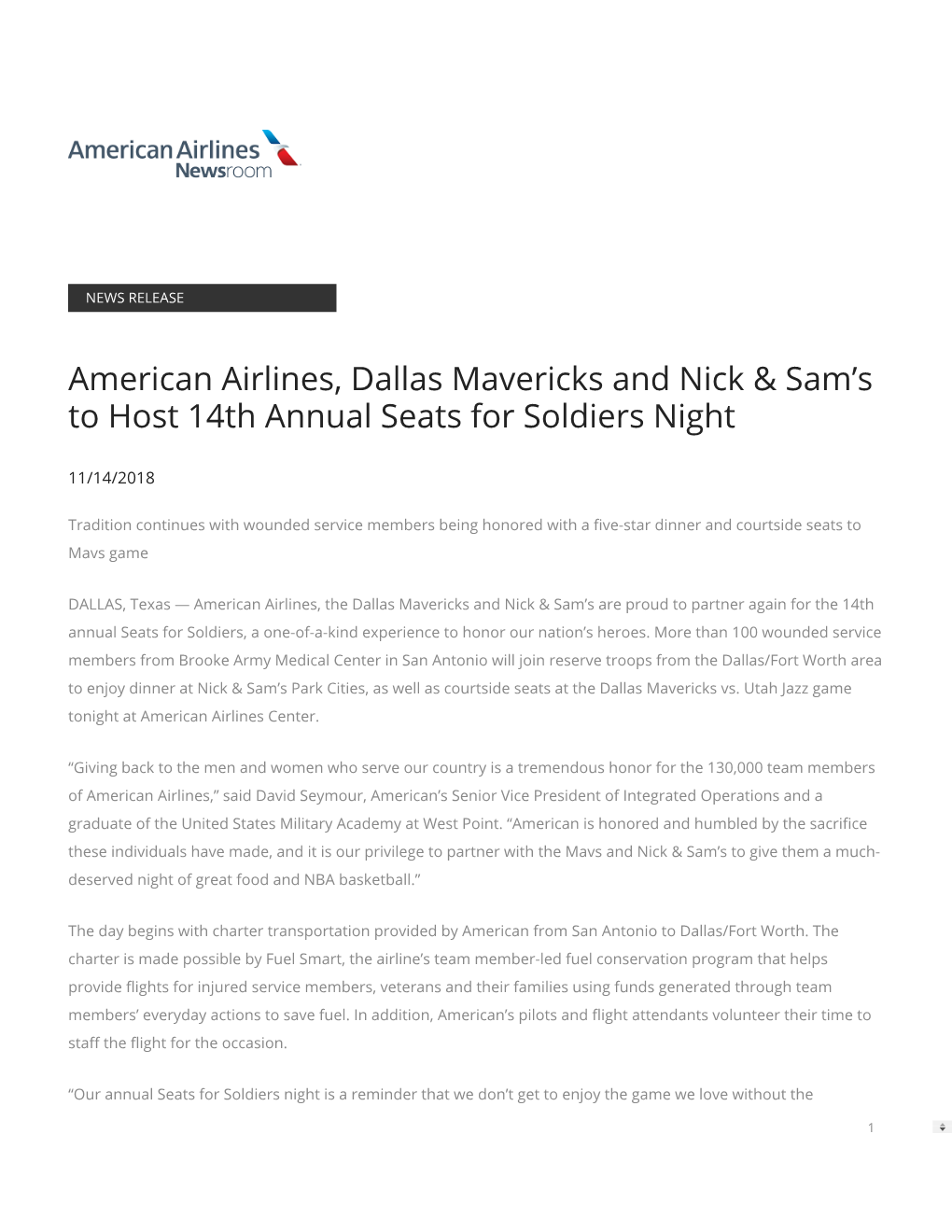 American Airlines, Dallas Mavericks and Nick & Sam's to Host 14Th Annual Seats for Soldiers Night