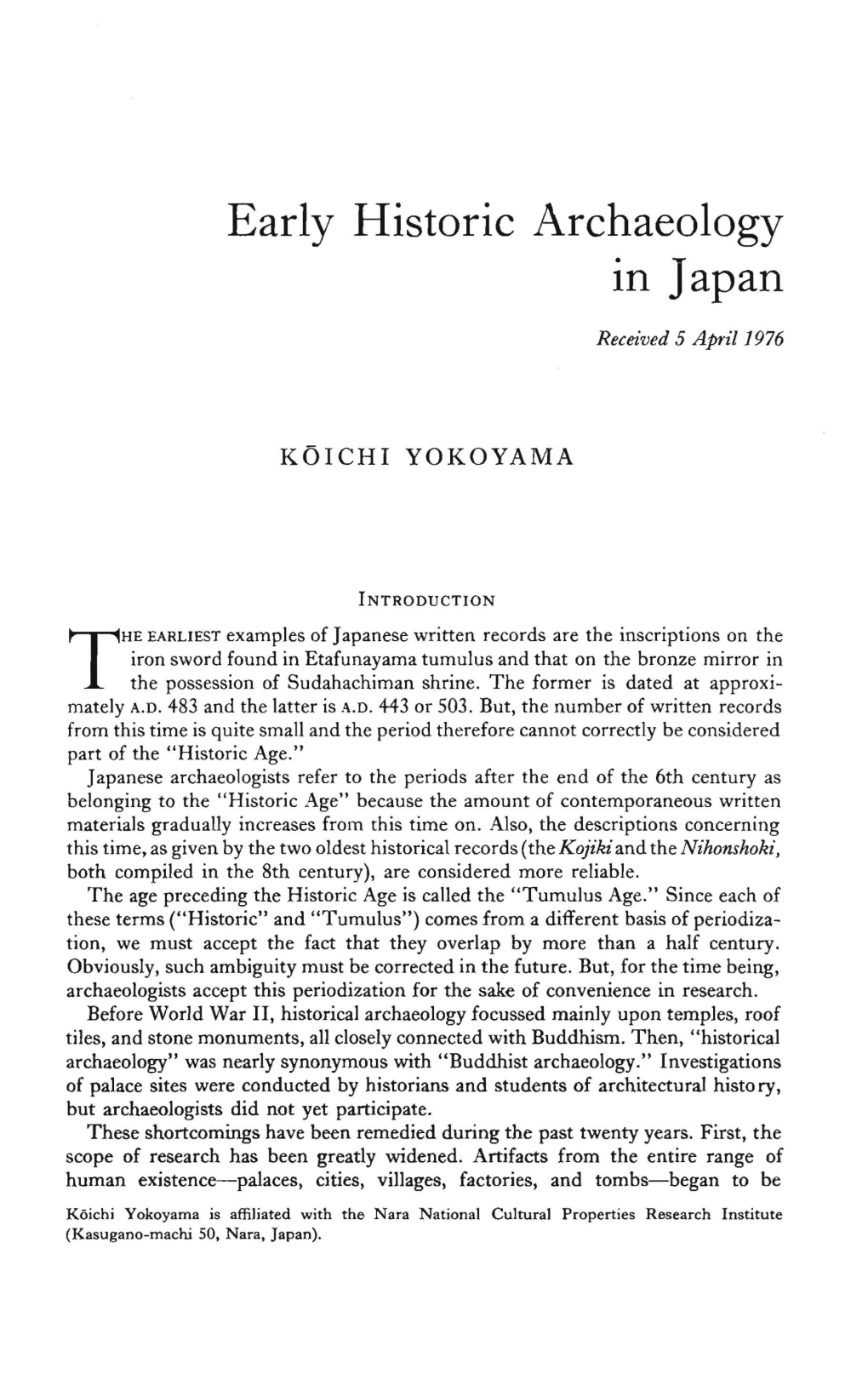 Early Historic Archaeology in Japan