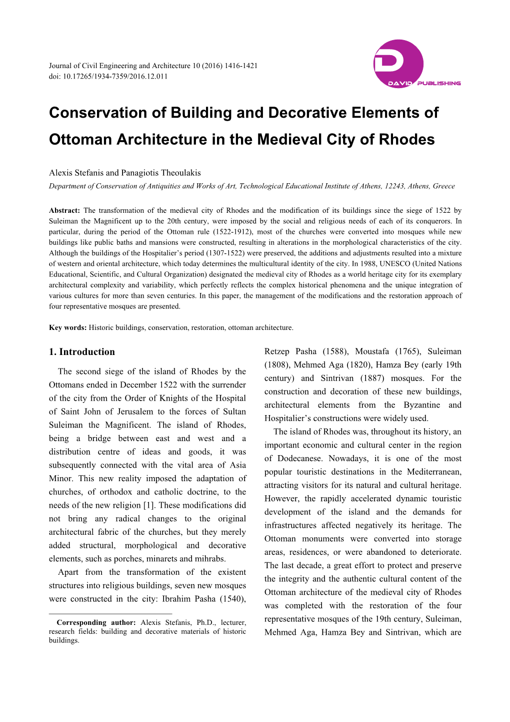 Conservation of Building and Decorative Elements of Ottoman Architecture in the Medieval City of Rhodes