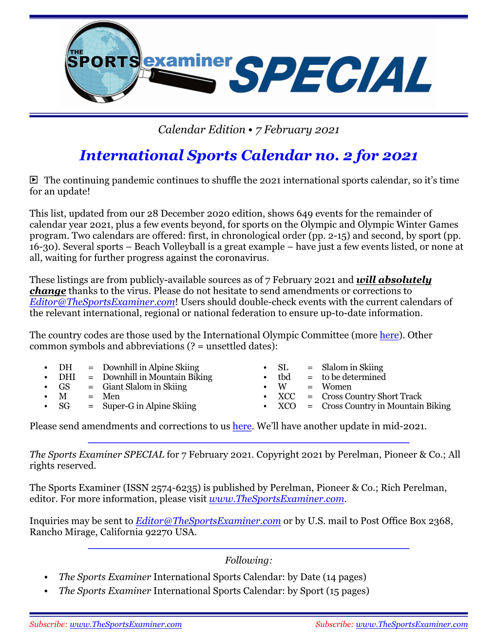 International Sports Calendar No. 2 for 2021