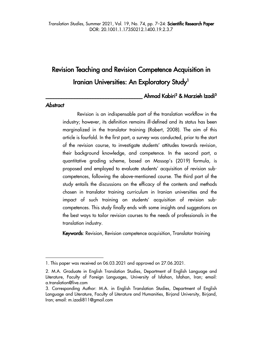 Revision Teaching and Revision Competence Acquisition in Iranian Universities: an Exploratory Study1