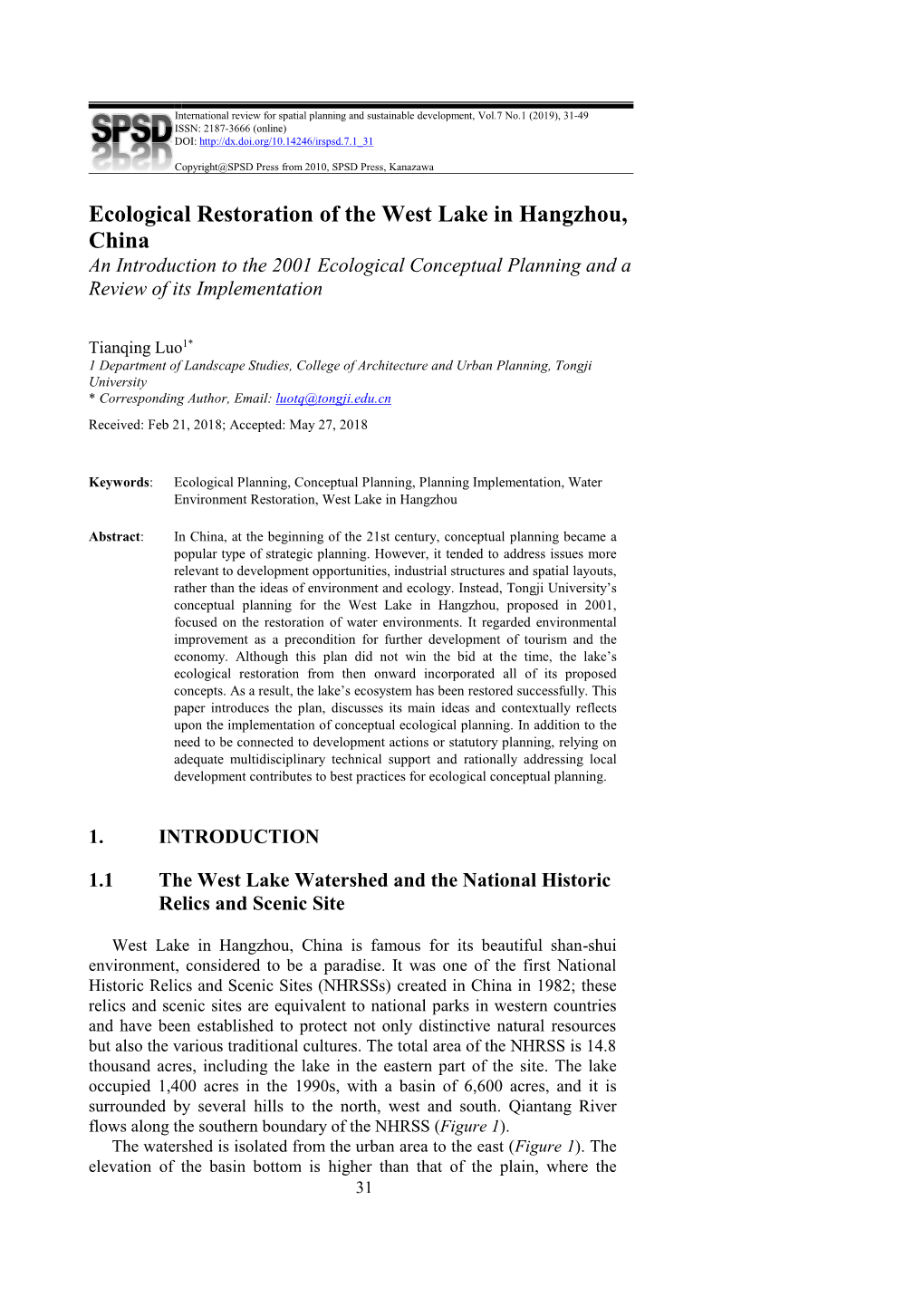 Ecological Restoration of the West Lake in Hangzhou, China an Introduction to the 2001 Ecological Conceptual Planning and a Review of Its Implementation