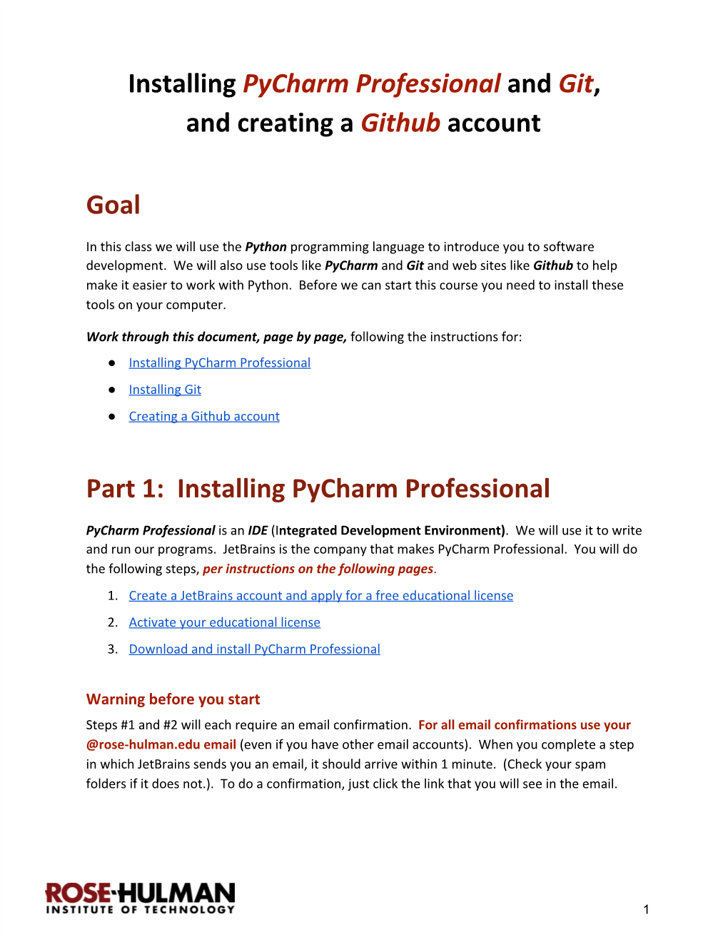 Installing Pycharm Professional and Git, ​ ​ ​ ​ ​ and Creating a Github Account ​ ​