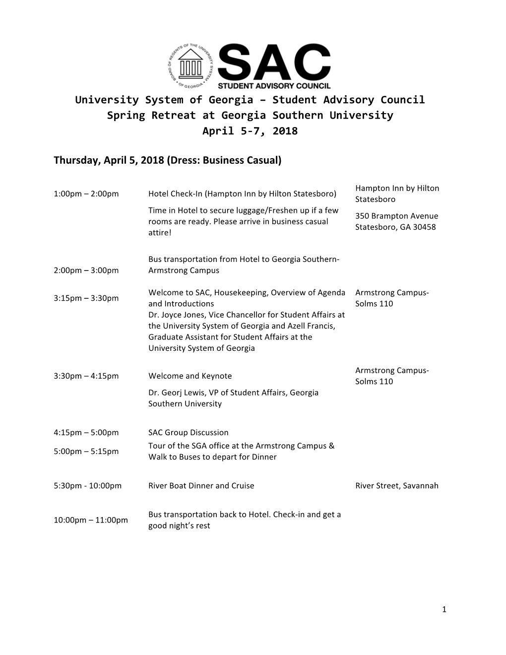 Student Advisory Council Spring Retreat at Georgia Southern University April 5-7, 2018