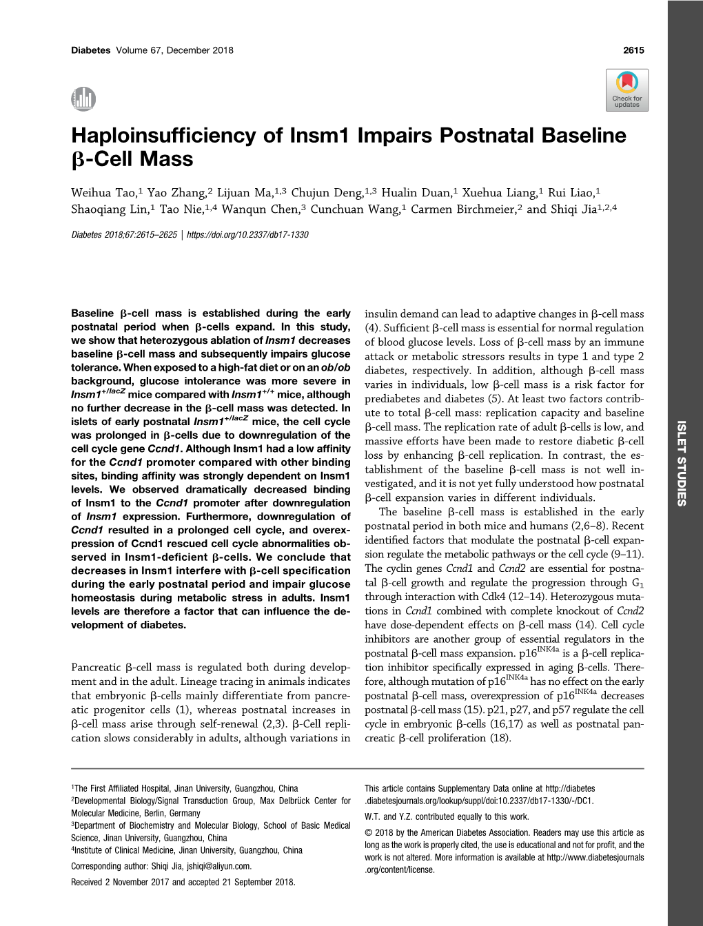 Haploinsufficiency of Insm1 Impairs Postnatal Baseline Β-Cell Mass
