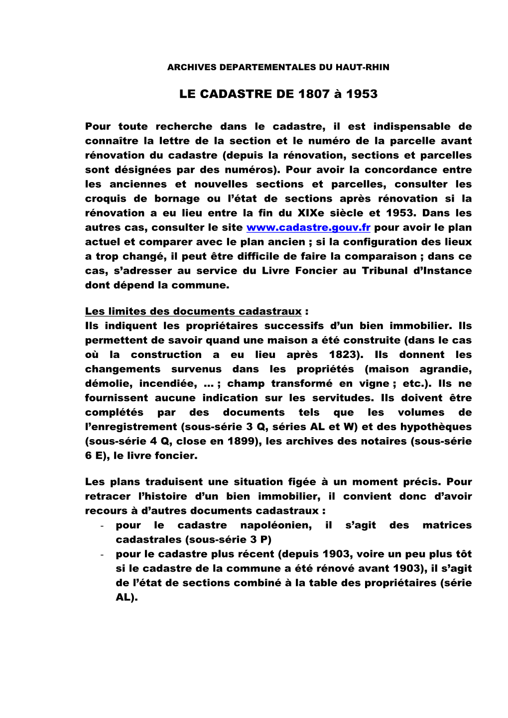 Le Cadastre De 1807 À 1953