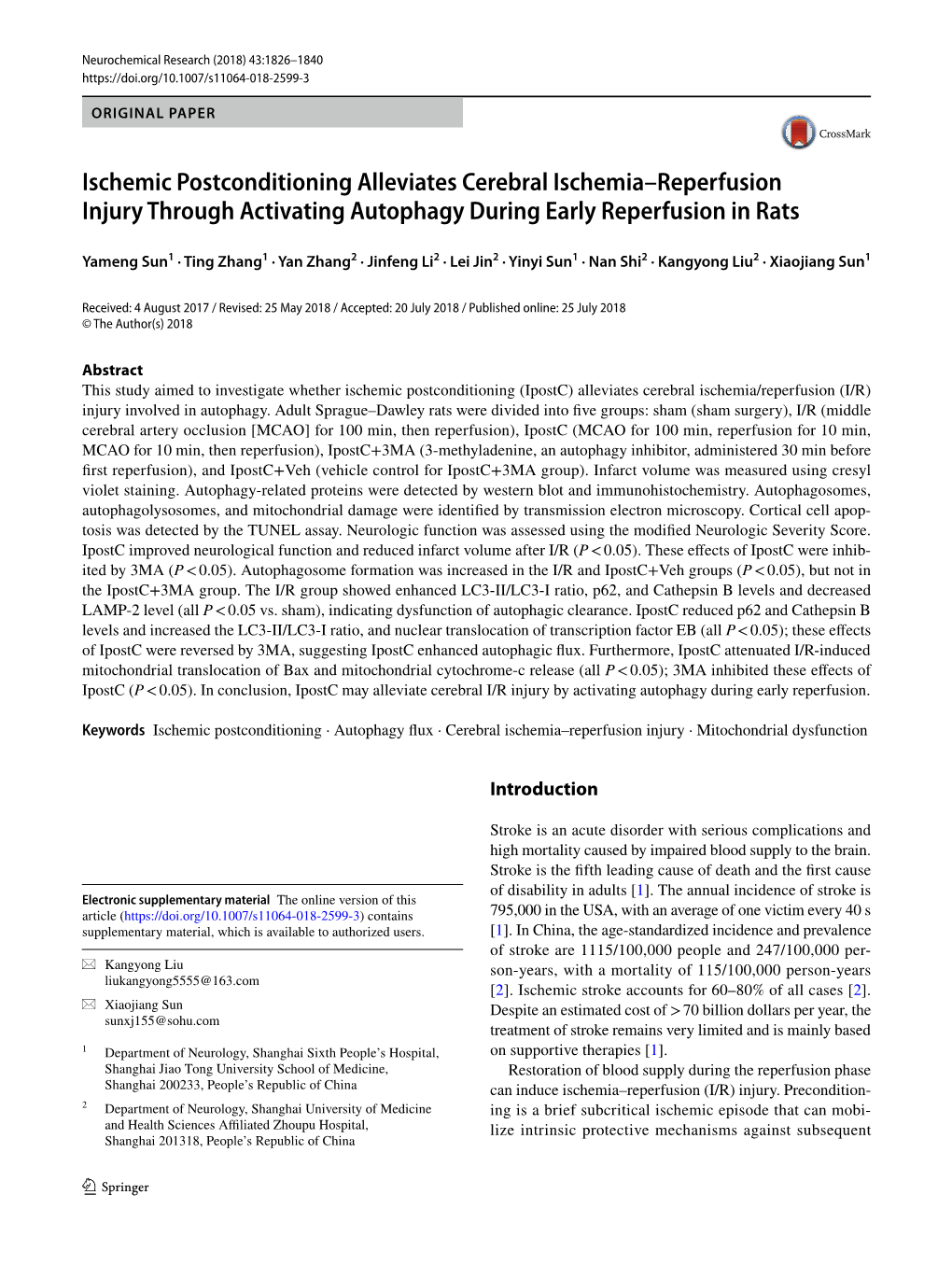 Ischemic Postconditioning Alleviates Cerebral Ischemia–Reperfusion Injury Through Activating Autophagy During Early Reperfusion in Rats