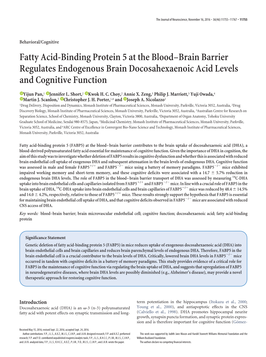 Fatty Acid-Binding Protein 5 at the Blood–Brain Barrier Regulates Endogenous Brain Docosahexaenoic Acid Levels and Cognitive Function