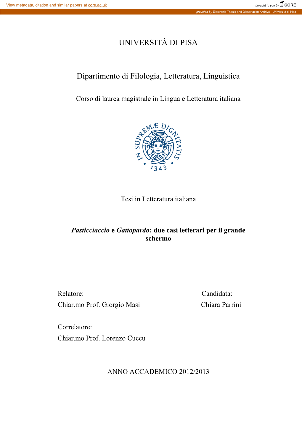 UNIVERSITÀ DI PISA Dipartimento Di Filologia, Letteratura, Linguistica