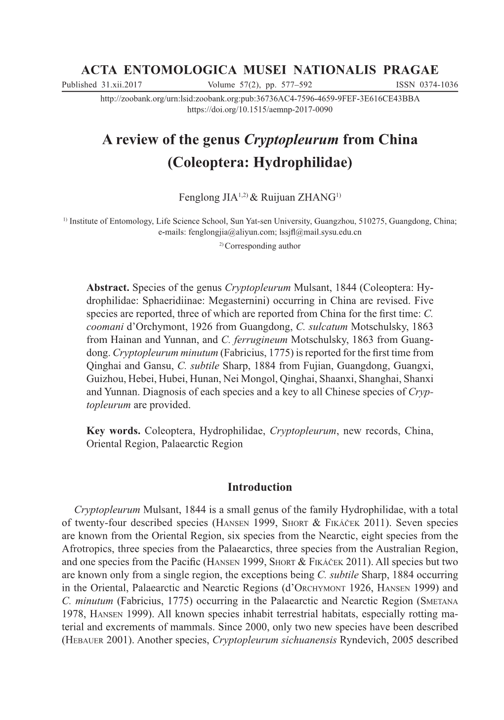 A Review of the Genus Cryptopleurum from China (Coleoptera: Hydrophilidae)
