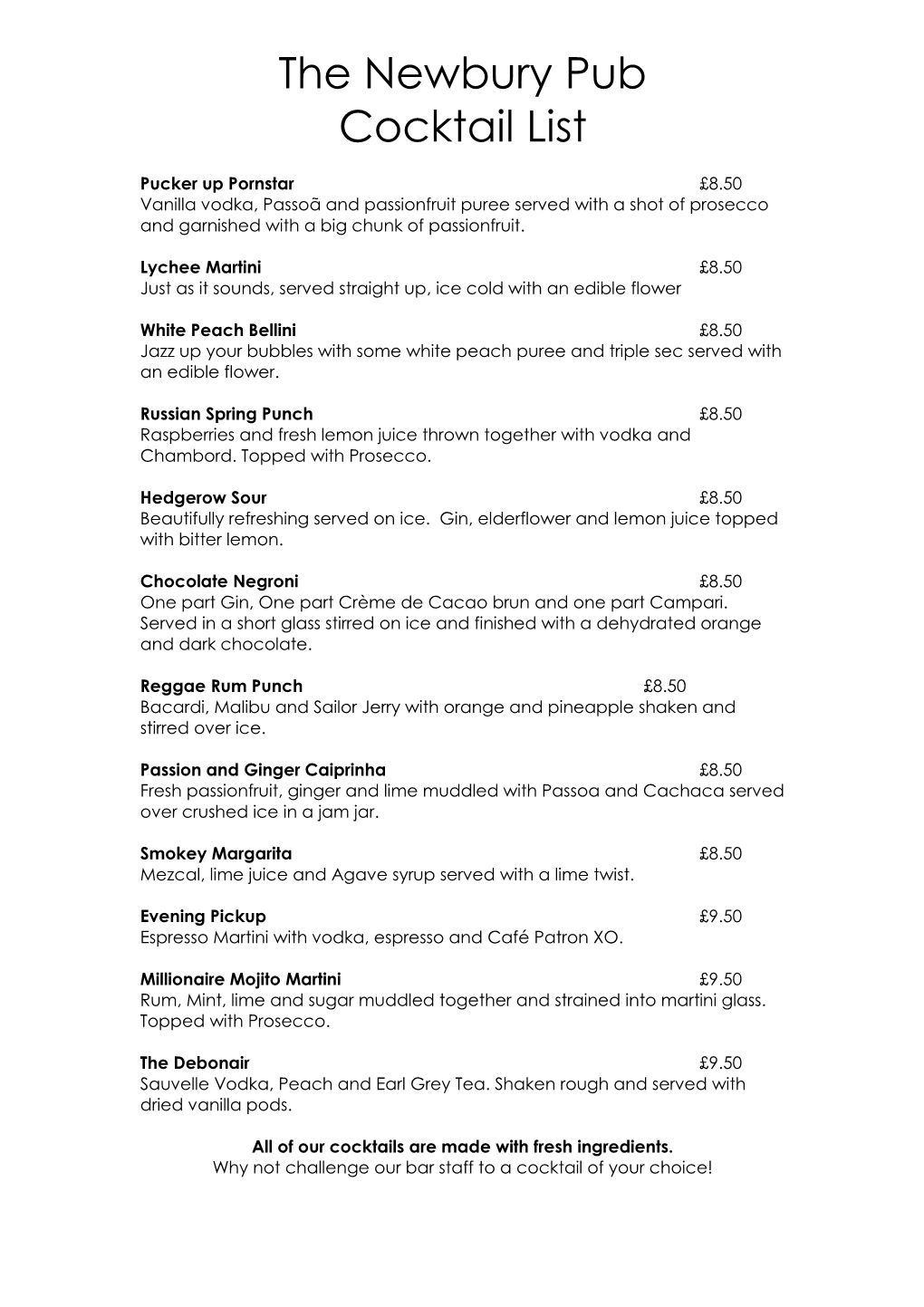 The Newbury Pub Cocktail List