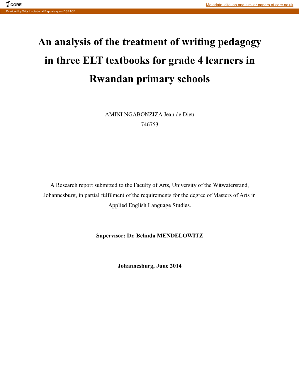 An Analysis of the Treatment of Writing Pedagogy in Three ELT Textbooks for Grade 4 Learners in Rwandan Primary Schools