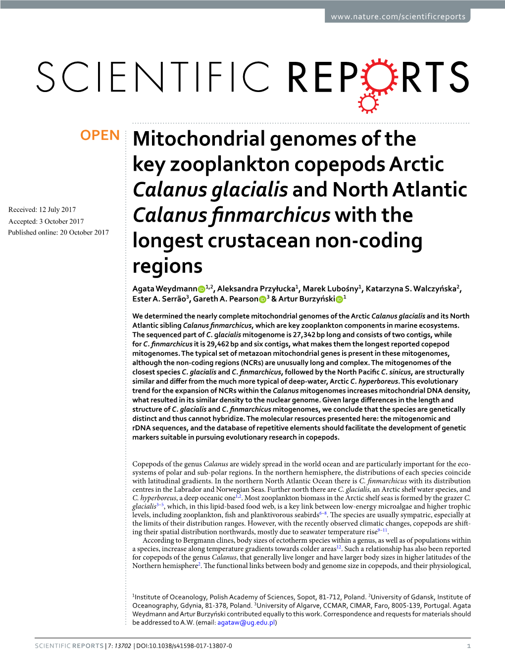 Mitochondrial Genomes of the Key Zooplankton Copepods Arctic Calanus Glacialis and North Atlantic Calanus Finmarchicus With