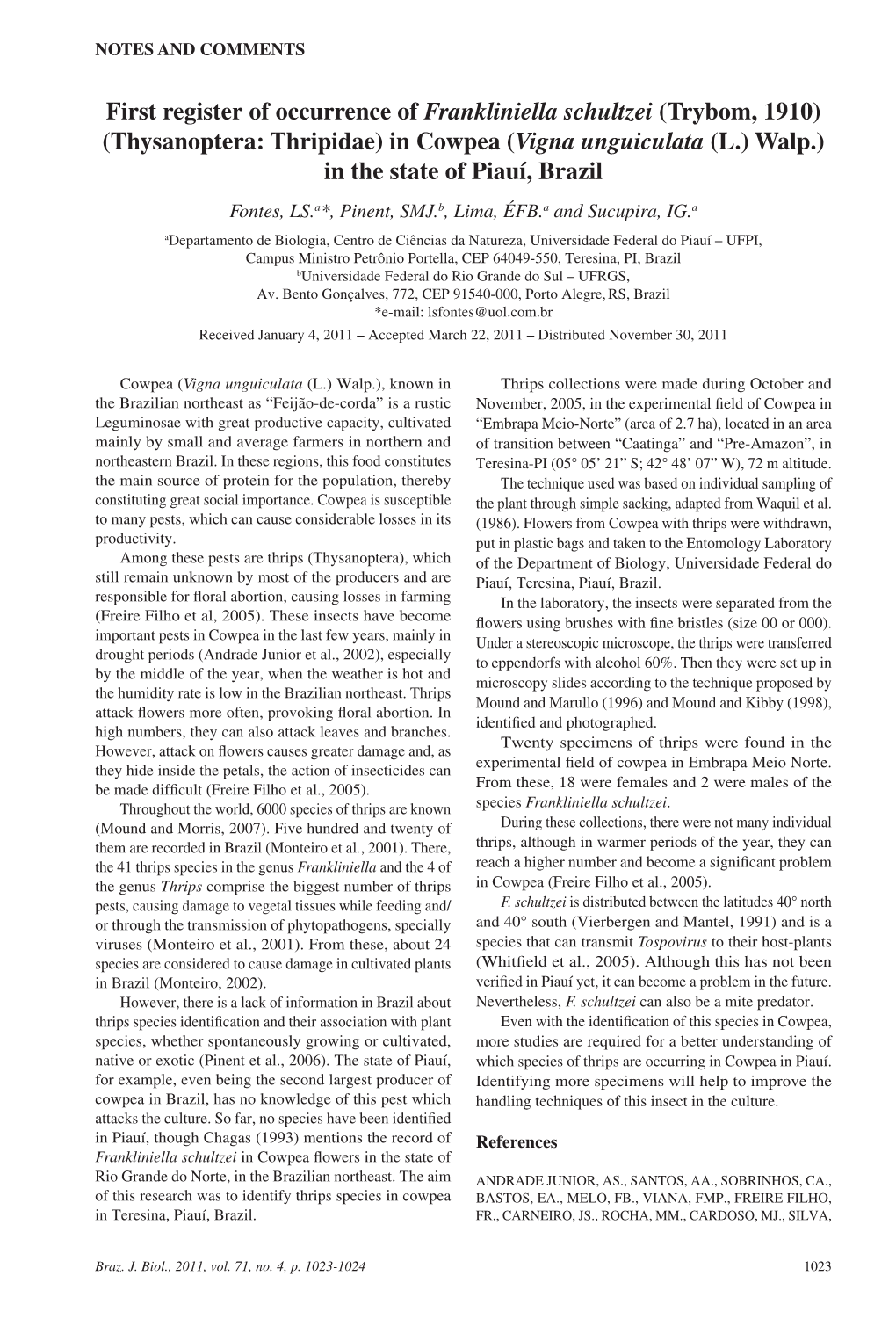 First Register of Occurrence of Frankliniella Schultzei (Trybom