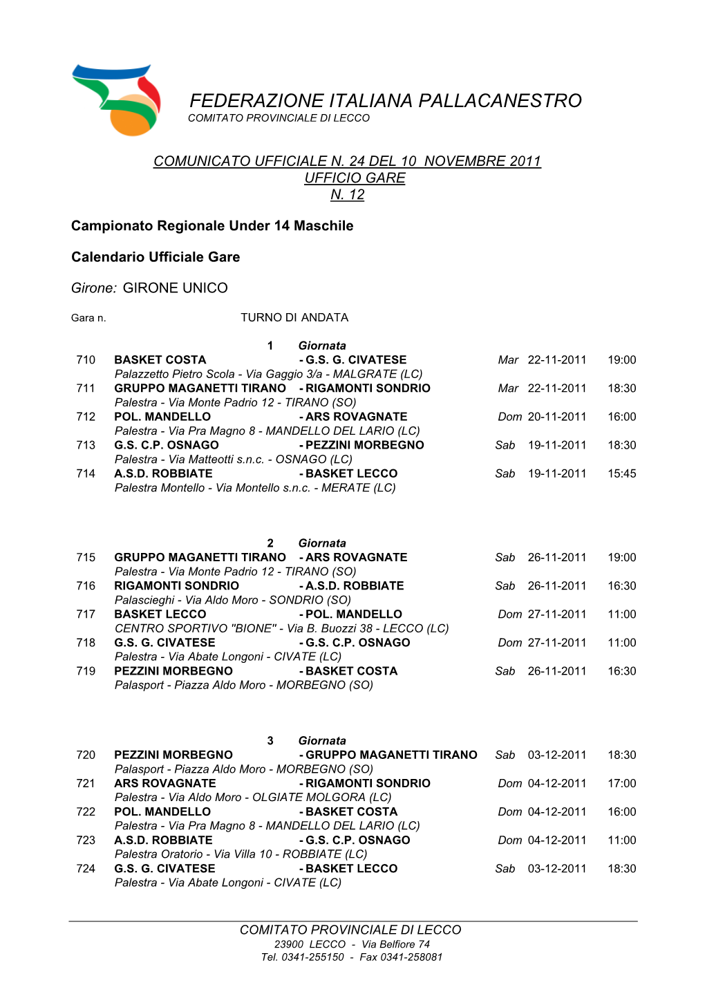 Federazione Italiana Pallacanestro Comitato Provinciale Di Lecco