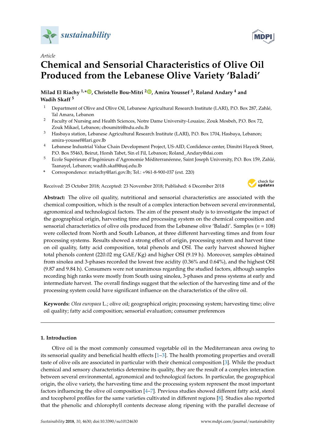 Chemical and Sensorial Characteristics of Olive Oil Produced from the Lebanese Olive Variety ‘Baladi’