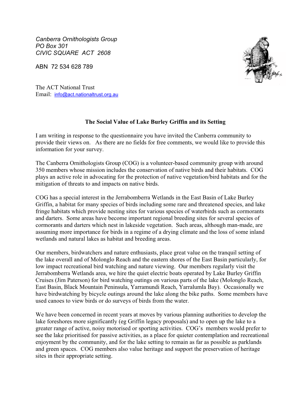 National Trust Letter – Social Value Lake Burley Griffin, February 2009