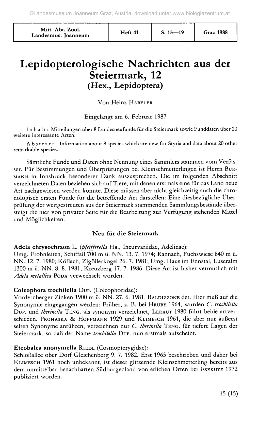 Lepidopterologische Nachrichten Aus Der Steiermark, 12 (Hex., Lepidoptera)