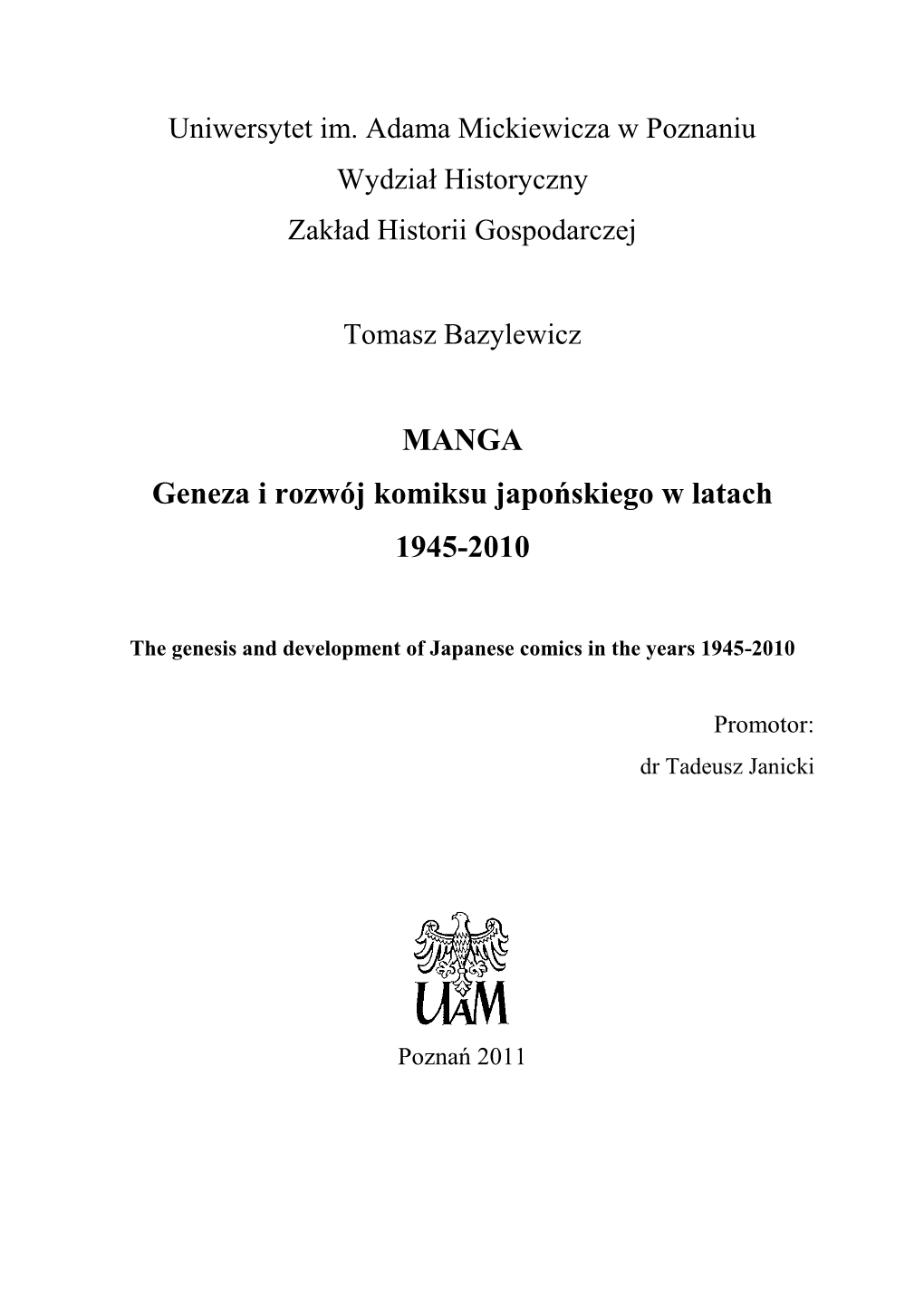 MANGA Geneza I Rozwój Komiksu Japońskiego W Latach 1945-2010