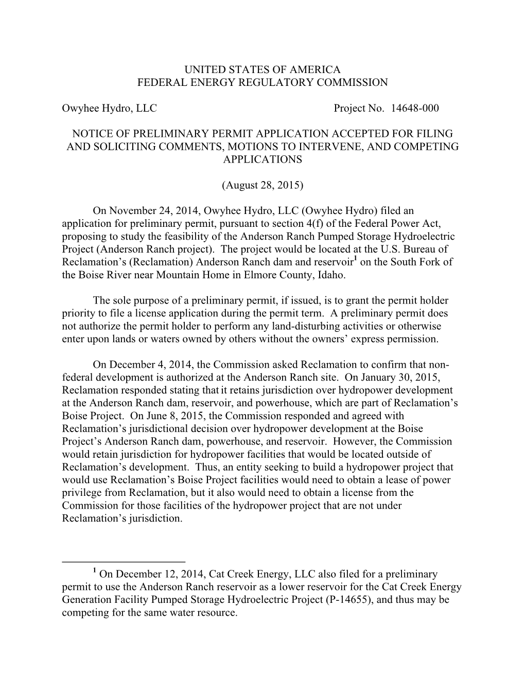 FERC AUG 28 2015 Anderson Ranch Notice.Pdf