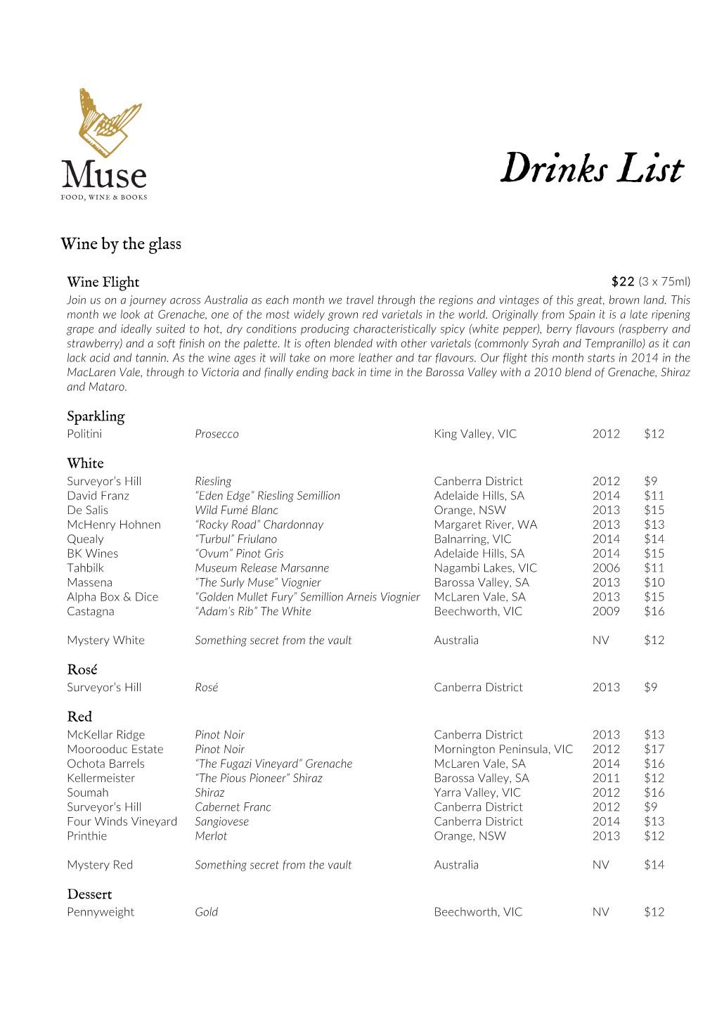 Drinks List FOOD, WINE & BOOKS